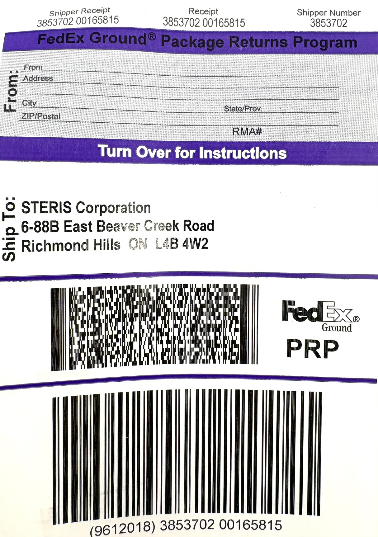 Parts Return Label